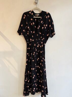 Christy Dawn ‘Lottie’ Black Floral Midi Dress with Pink Blossom Print